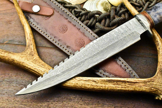15" Handmade Damascus Bowie Knife – Camel Bone Handle & Leather Sheath