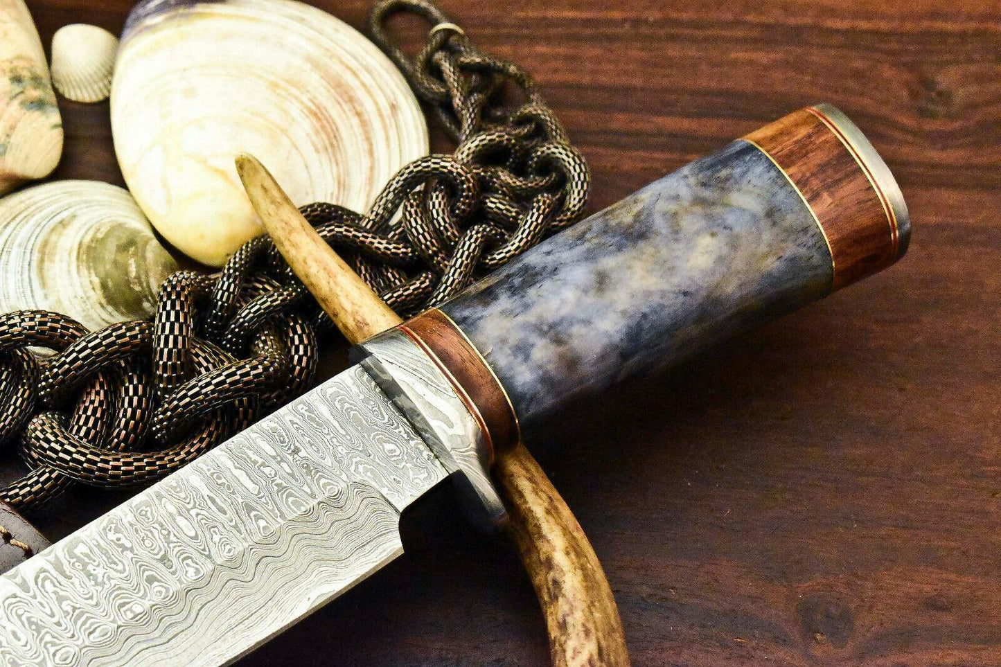 15" Handmade Damascus Bowie Knife – Camel Bone Handle & Leather Sheath