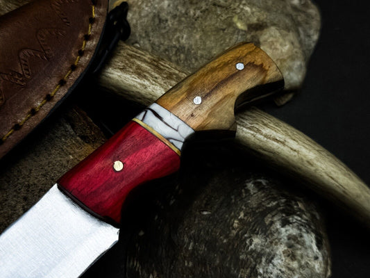 Heritage Forge Handmade D2 Steel Hunting Survival Knife with Wooden Handle and Leather Sheath