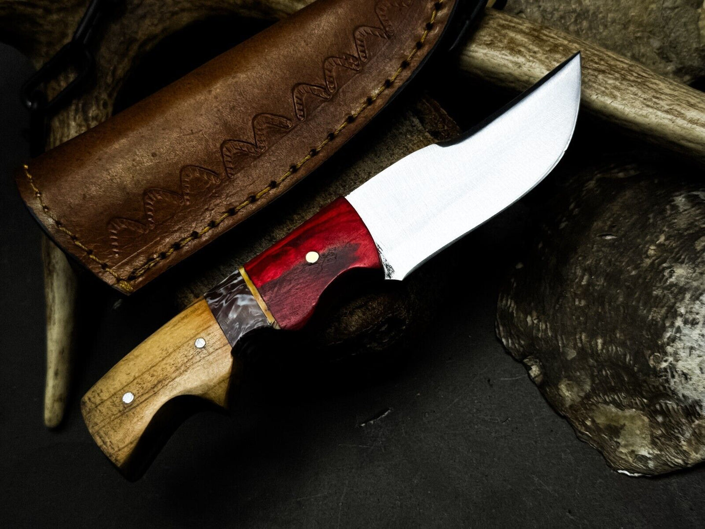 Heritage Forge Handmade D2 Steel Hunting Survival Knife with Wooden Handle and Leather Sheath