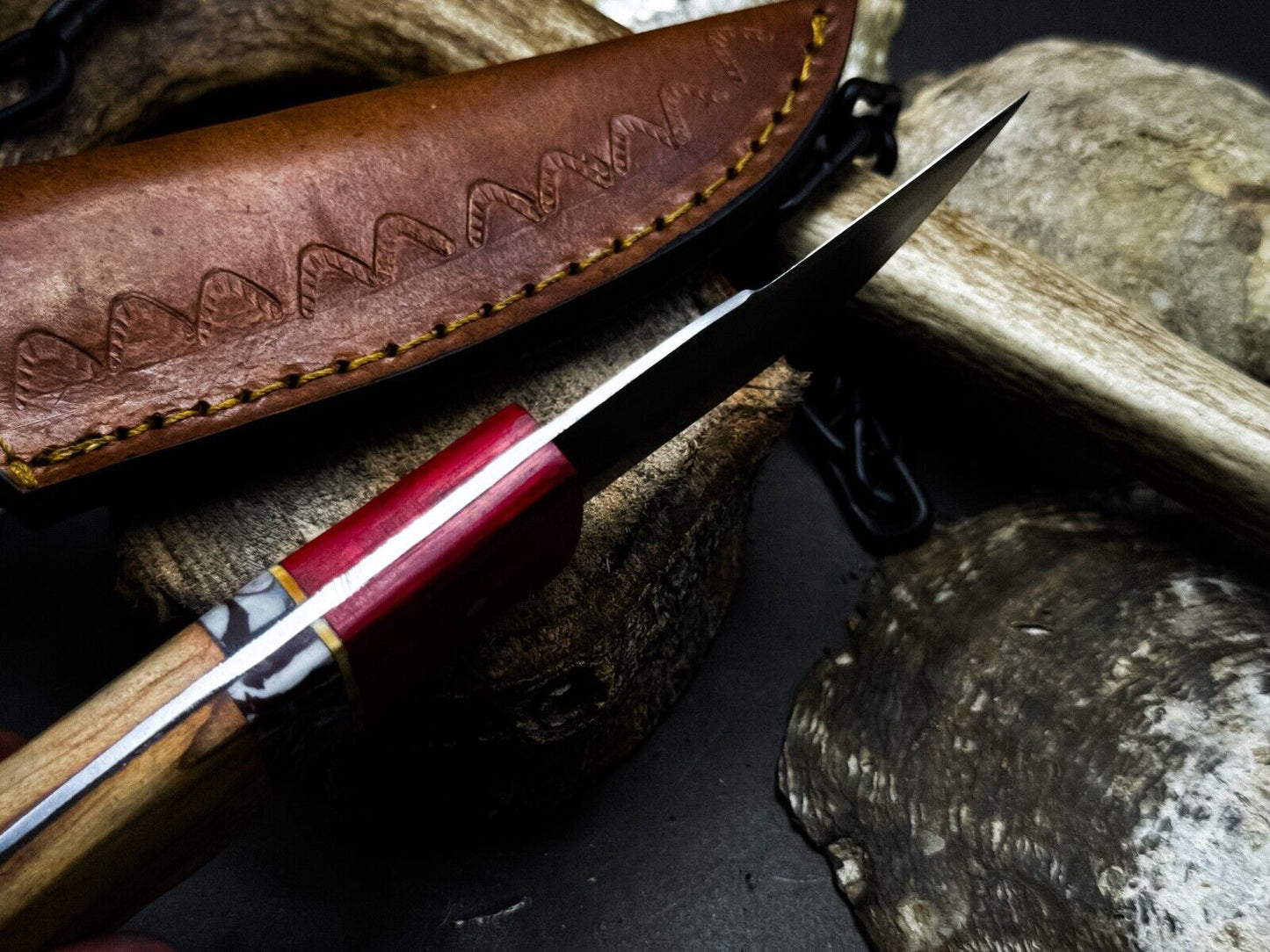 Heritage Forge Handmade D2 Steel Hunting Survival Knife with Wooden Handle and Leather Sheath
