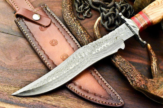 15" Damascus Steel Bowie Knife – Olive Wood Handle | Rare Handmade Hunting Blade