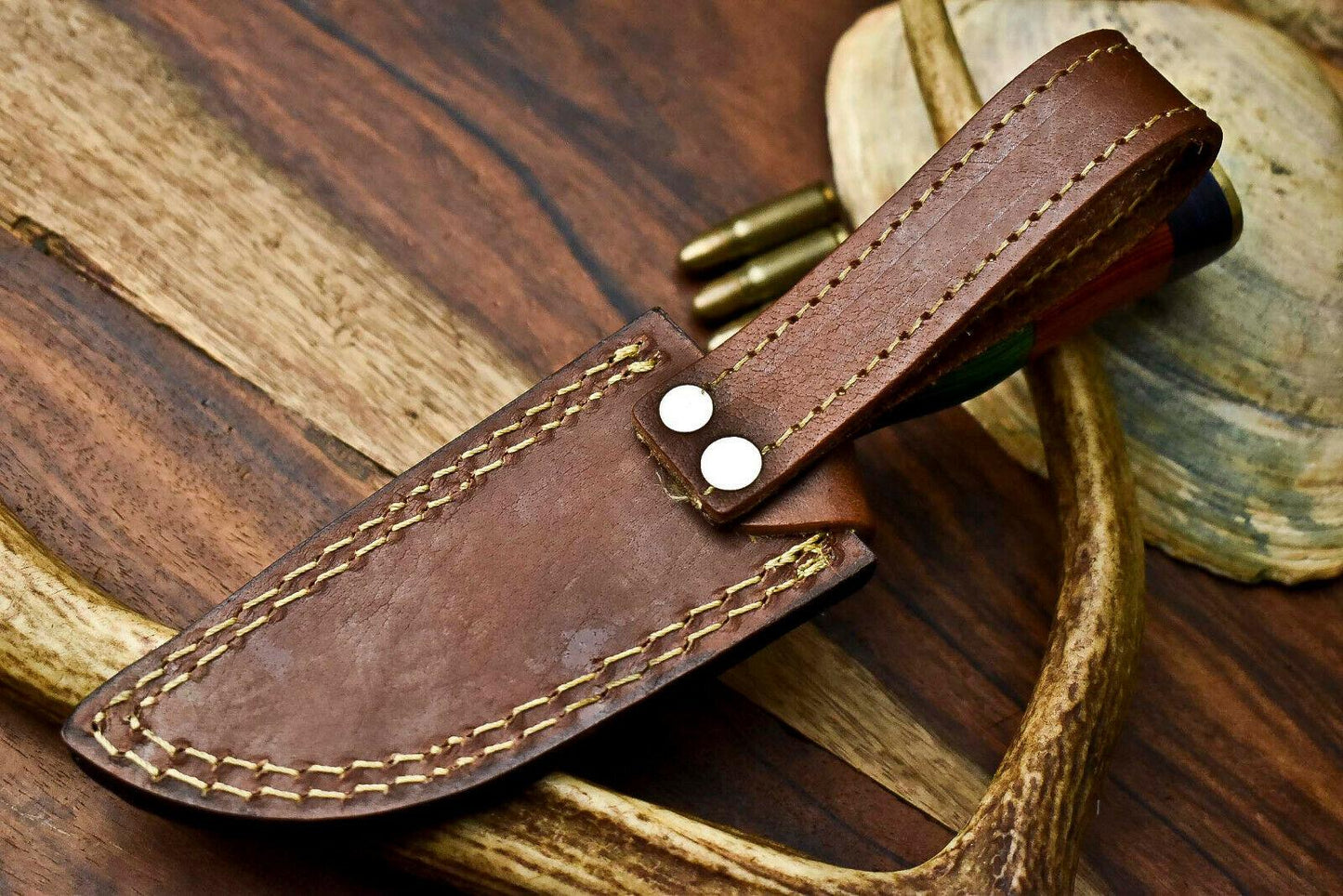 Custom Handmade Damascus Steel Hunting Knife with Hardwood Handle and Leather Sheath