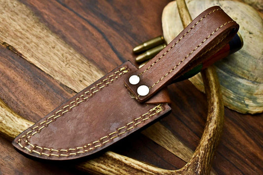 Custom Handmade Damascus Steel Hunting Knife with Hardwood Handle and Leather Sheath