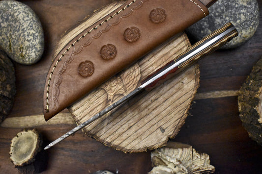 Handcrafted Damascus Skinner Knife Twist Pattern Hardwood Handle with Wooden Bolster and Leather Sheath
