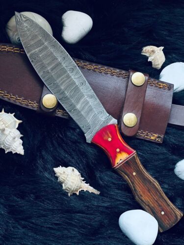 10.5" Damascus Dagger Knife – Twist Pattern Blade, Camel Bone Handle