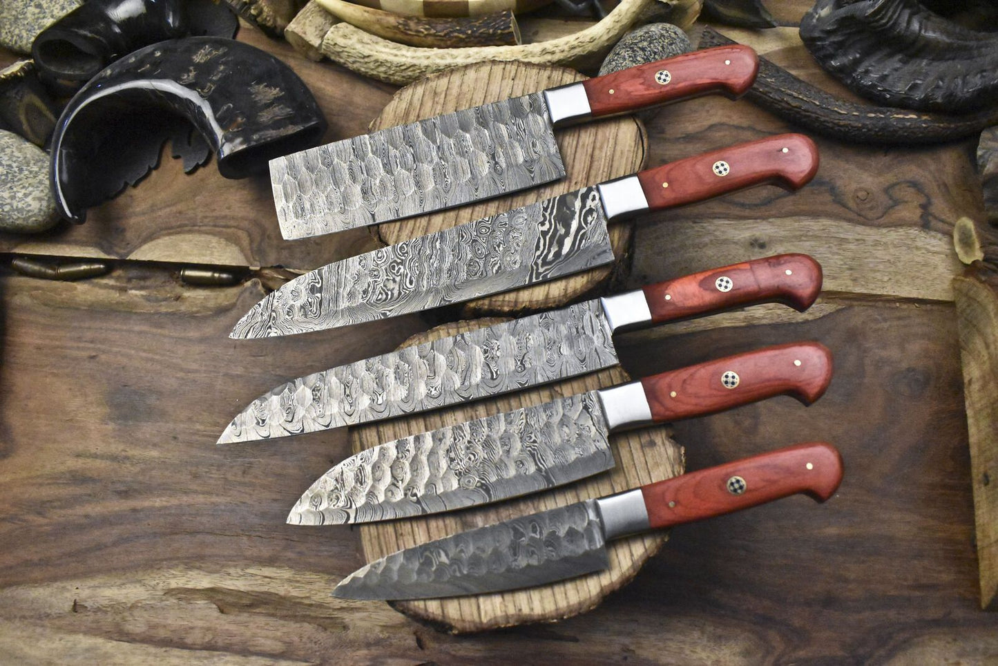 Custom Forged Chef Knife Set Twist Damascus Steel with Hard Wood Handles – Lot of 5 Camping Knives
