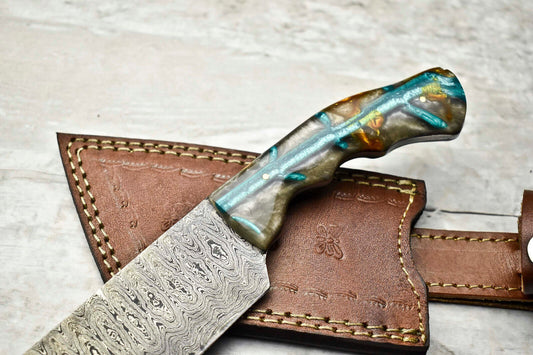 10" Handmade Damascus Steel Tracker Knife with Corian Handle & Leather Sheath