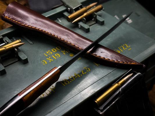 Handmade J2 Steel Hunting & Chef Knife with Powder Coated Blade, Horn Handle & Leather Sheath