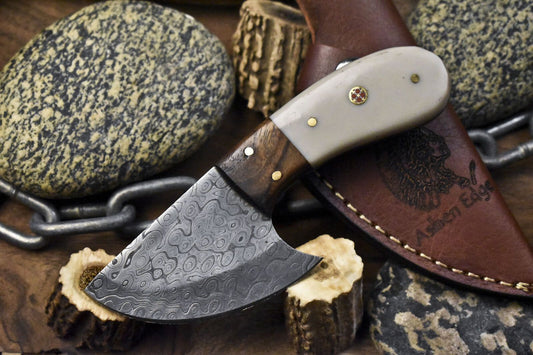 Compact Rain Drop Damascus Skinner Knife with Bone Handle & Wooden Bolster – Handmade Hunting Gift with Sheath