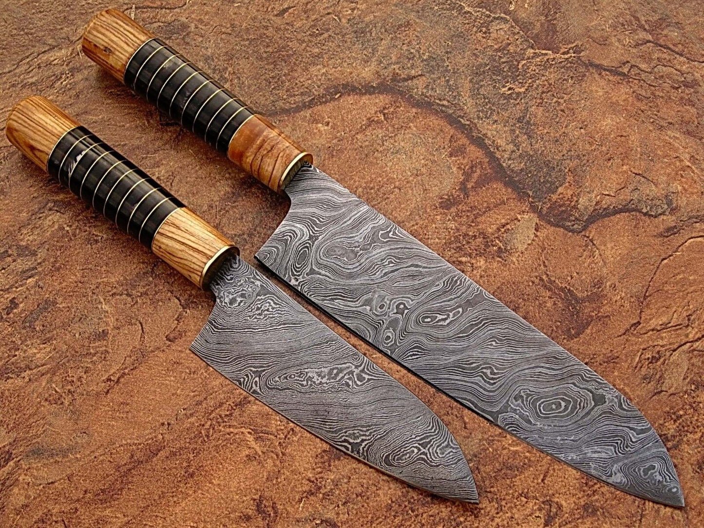 2-Piece Handmade Damascus Chef Knife Set – Olive Wood & Buffalo Horn, Full Tang Japanese Steel
