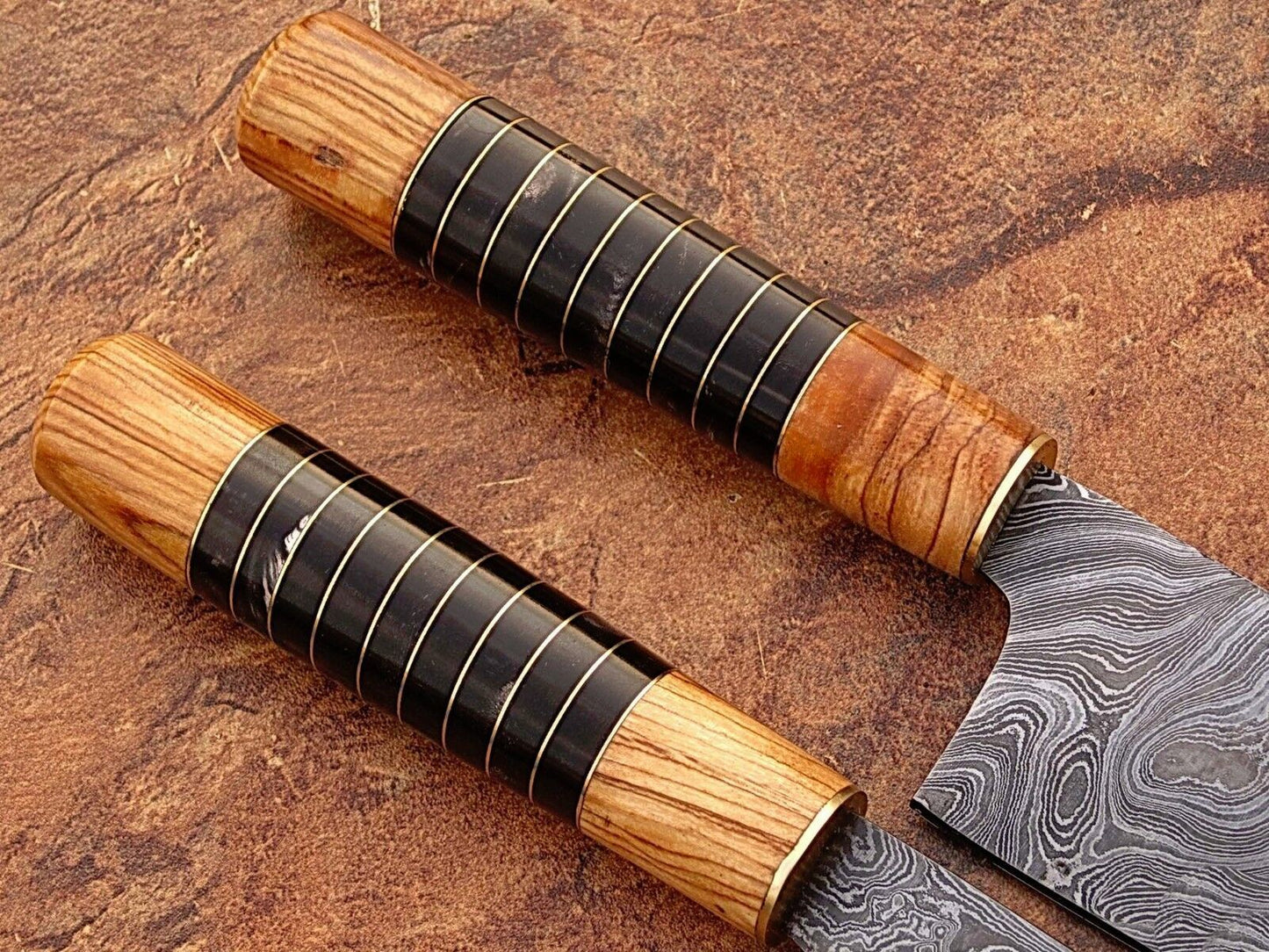 2-Piece Handmade Damascus Chef Knife Set – Olive Wood & Buffalo Horn, Full Tang Japanese Steel