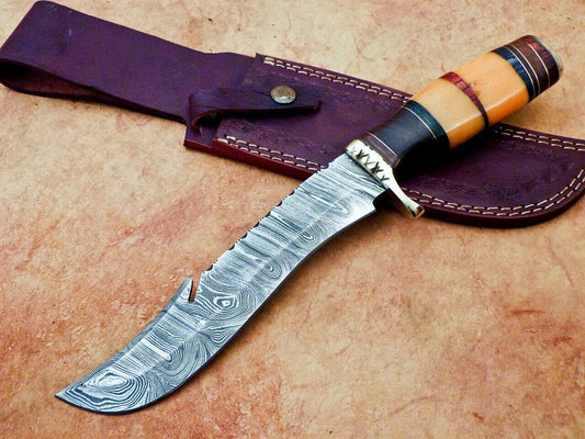 13 Inch Handmade Damascus Steel Hunting Bowie Knife with Camel Bone and Wood Handle