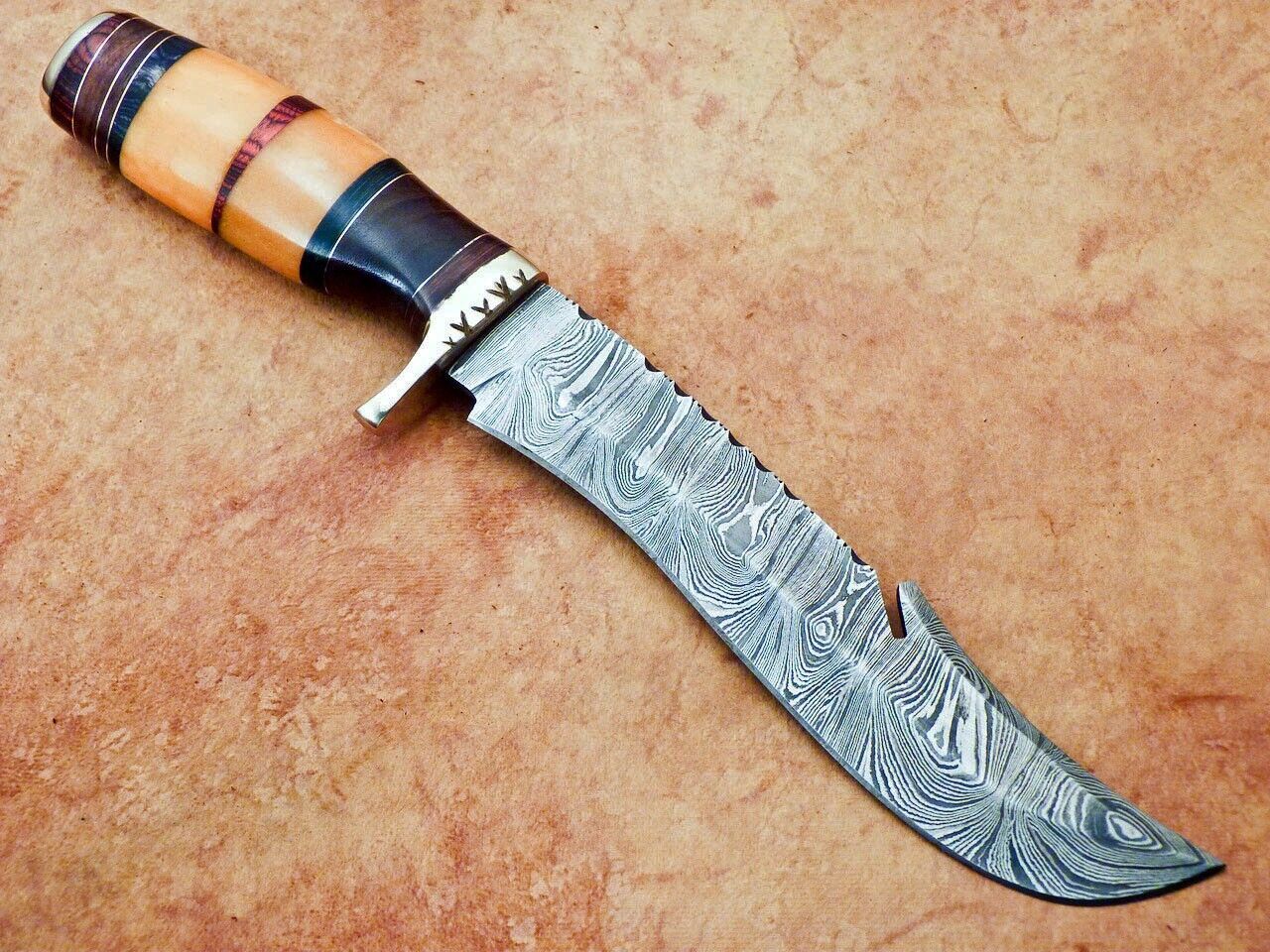 13 Inch Handmade Damascus Steel Hunting Bowie Knife with Camel Bone and Wood Handle