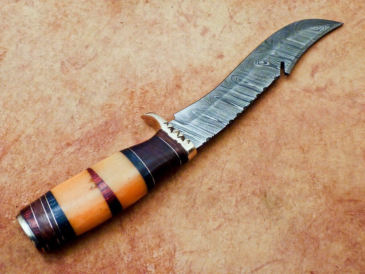 13 Inch Handmade Damascus Steel Hunting Bowie Knife with Camel Bone and Wood Handle