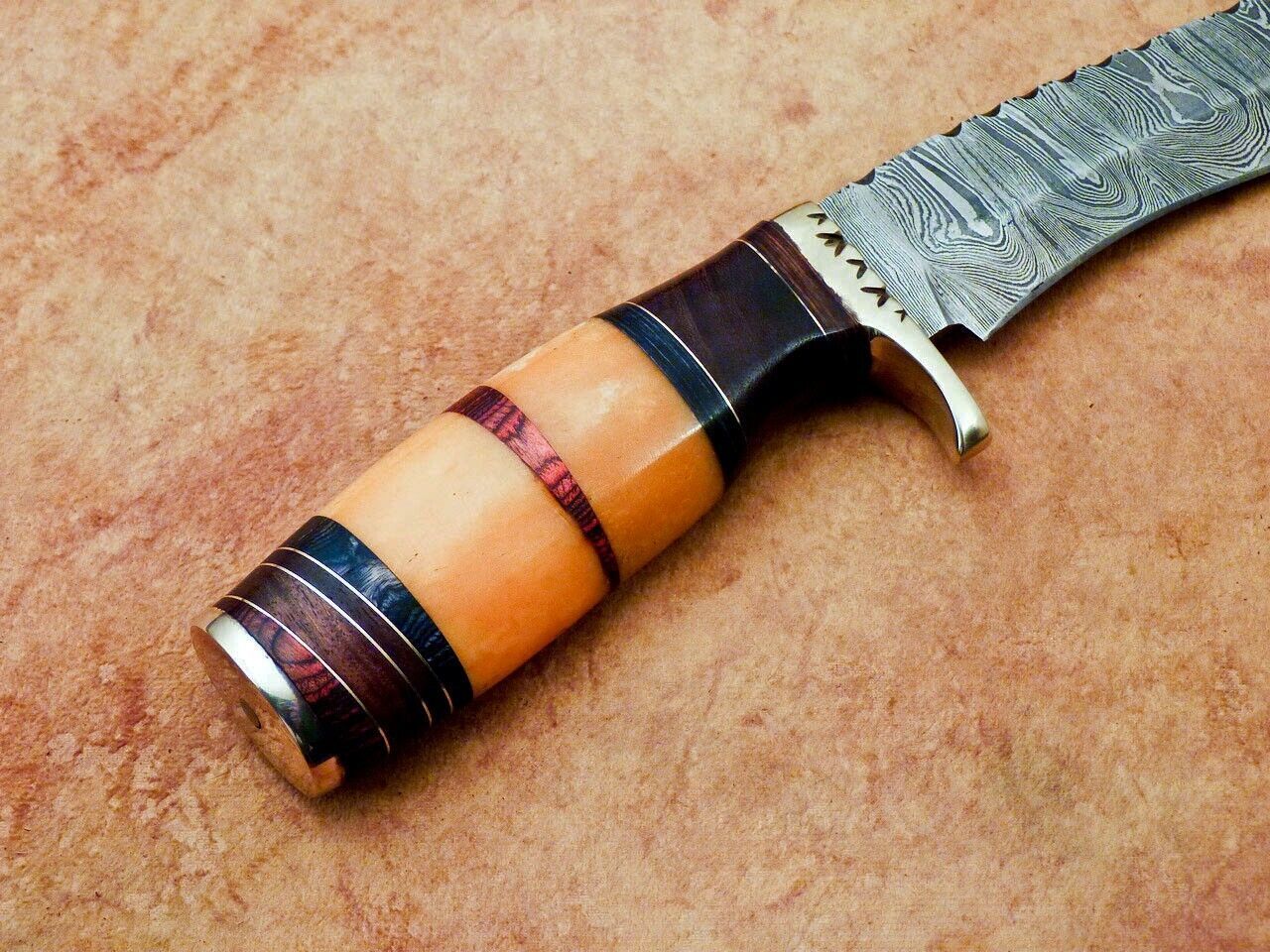 13 Inch Handmade Damascus Steel Hunting Bowie Knife with Camel Bone and Wood Handle