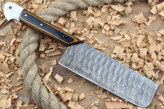 Custom Handmade Damascus Steel Chef Knife – 11" Kitchen Knife with 5" Blade & Black/Orange Dollar Thappa Sturl Open Tang Handle