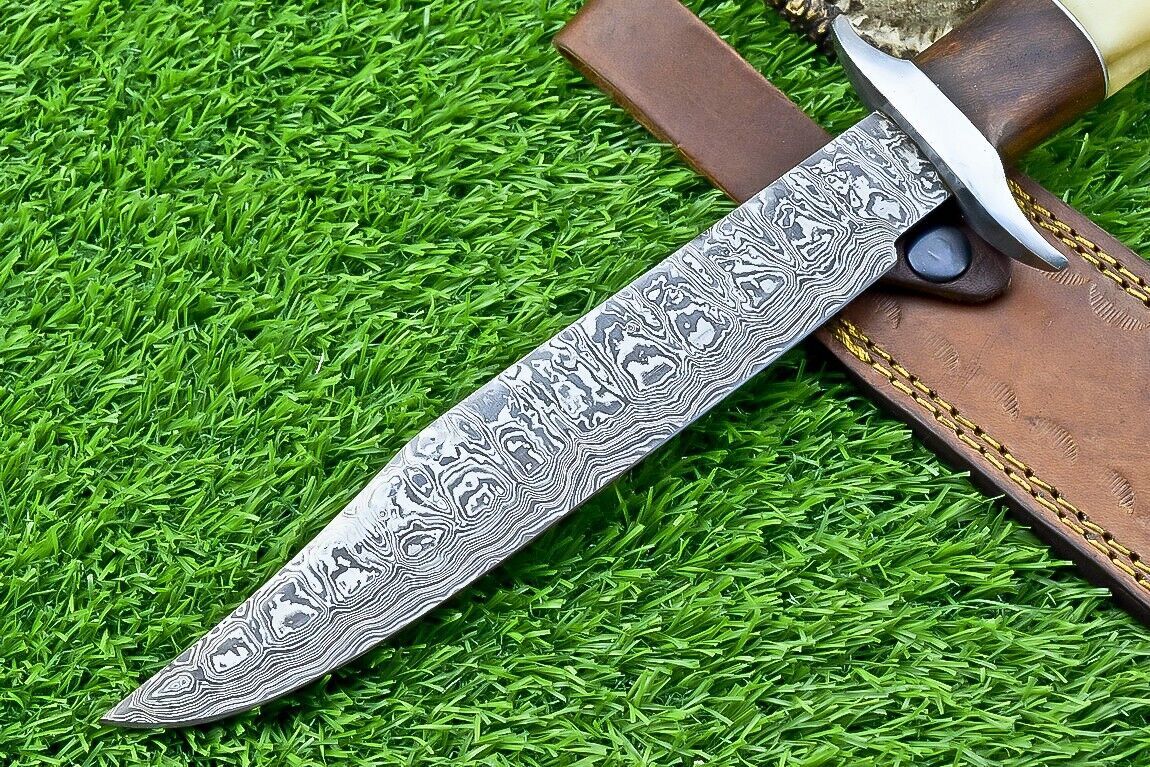 Heritage Forge 13 Inch Damascus Bowie Knife with Camel Bone and Wood Handle