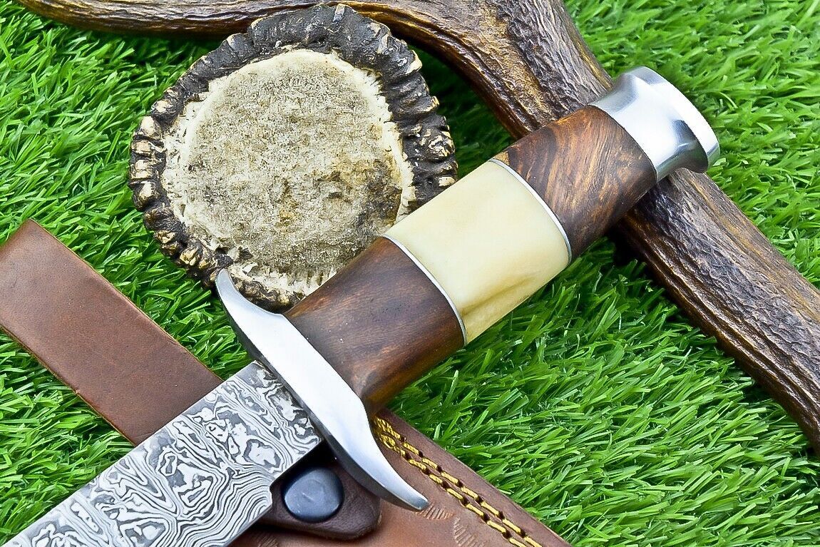 Heritage Forge 13 Inch Damascus Bowie Knife with Camel Bone and Wood Handle