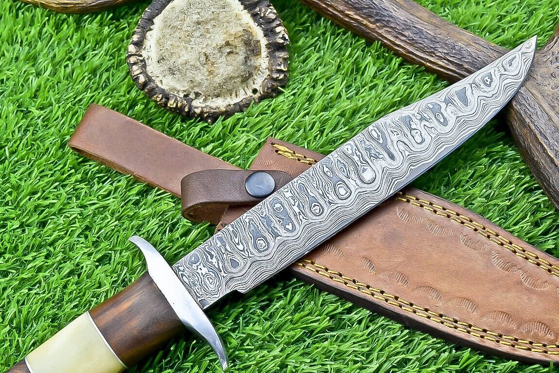 Heritage Forge 13 Inch Damascus Bowie Knife with Camel Bone and Wood Handle
