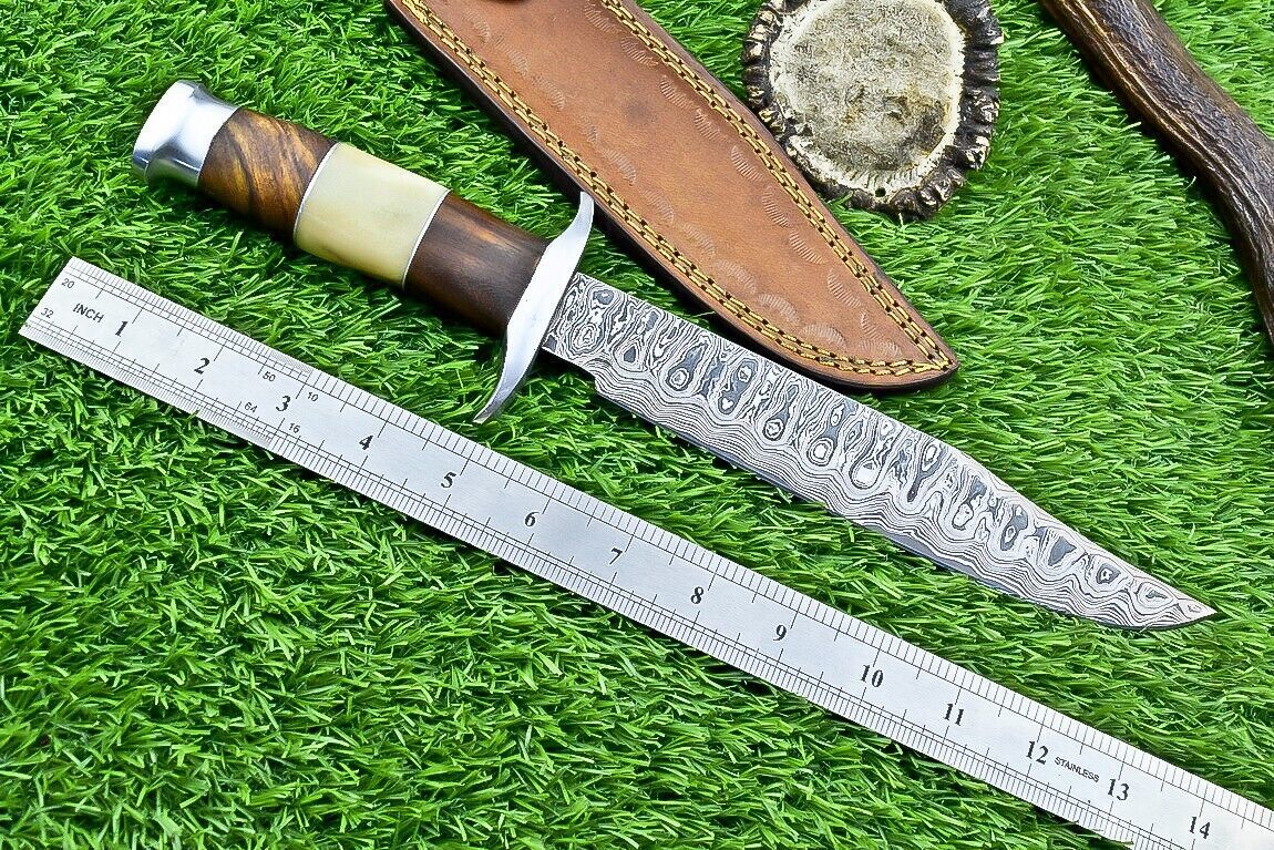 Heritage Forge 13 Inch Damascus Bowie Knife with Camel Bone and Wood Handle