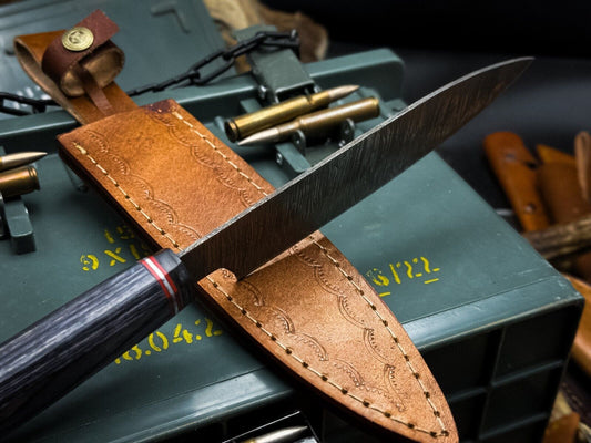 Handmade Damascus Steel Chef Knife with Wood Handle & Cow Leather Sheath