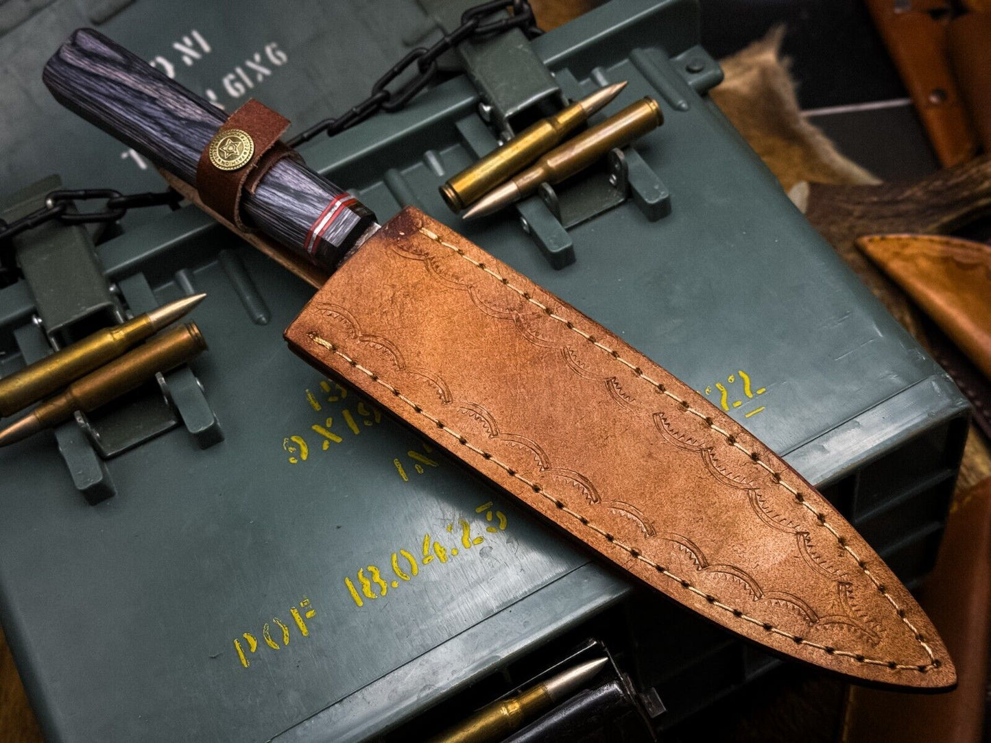 Handmade Damascus Steel Chef Knife with Wood Handle & Cow Leather Sheath