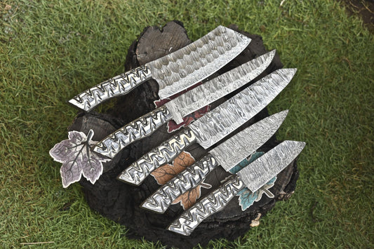 Custom Chef Knife Set – Lot of 5 Twist Damascus Steel Knives with Hardwood Handles, Outdoor & Kitchen Use