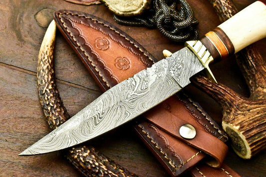 Handmade Damascus Steel Bowie Knife | 12" Camel Bone Hunting Knife with Leather Sheath