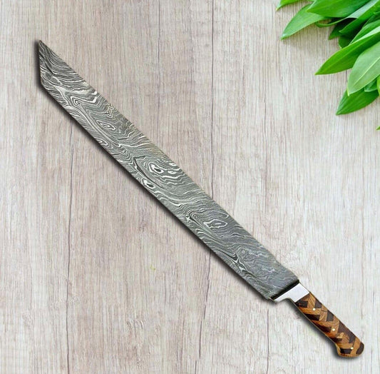HAND FORGED DAMASCUS STEEL BUTCHER/BRISKET CHEF KNIFE ROSE/OLIVE WOOD HANDLE