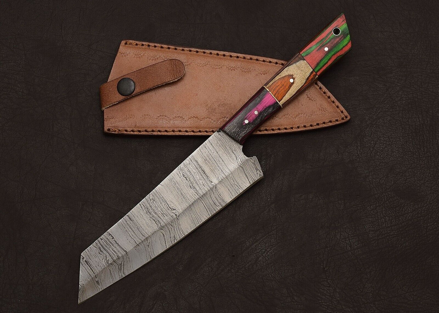 Custom Full Tang Damascus Steel Kitchen & Hunting Knife 8" Blade Pakka Wood Handle