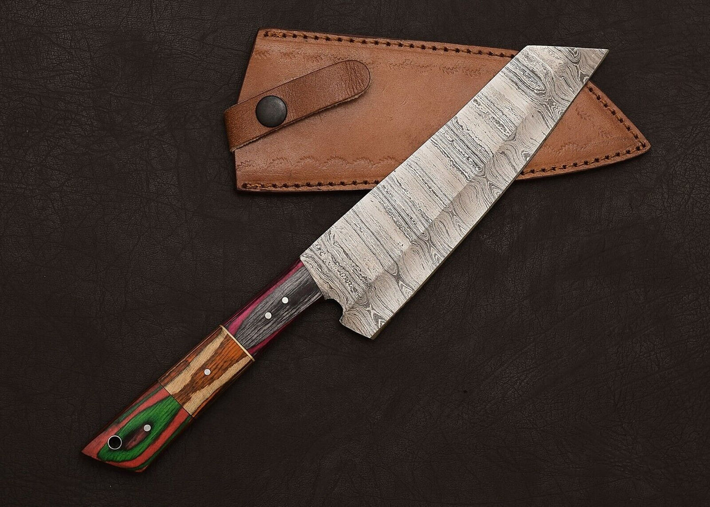 Custom Full Tang Damascus Steel Kitchen & Hunting Knife 8" Blade Pakka Wood Handle
