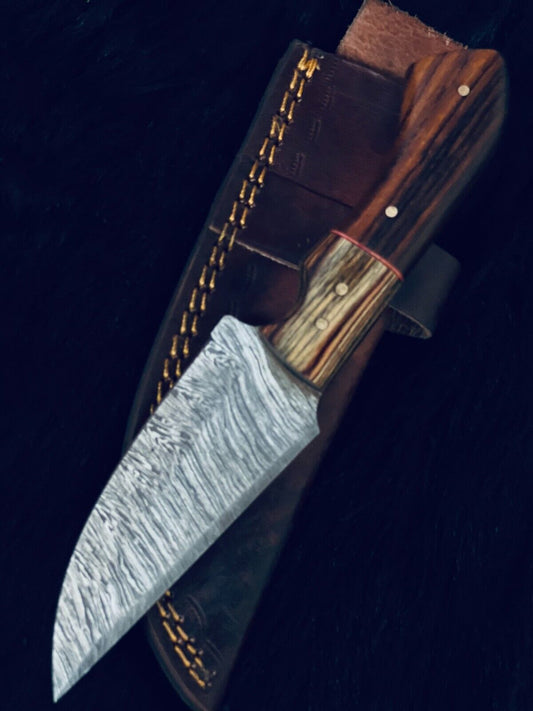 8" Heritage Forge Twist Damascus Bowie Knife – Bone & Wood Handle with Leather Sheath