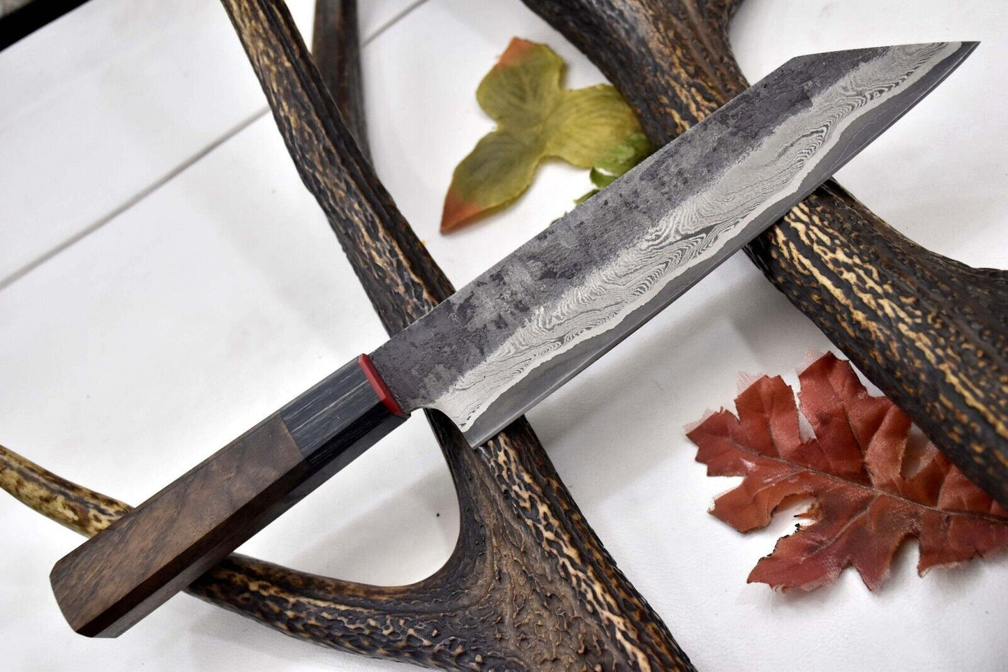 Custom Handmade Hammered San Mai Damascus Steel Chef Knife – Walnut Handle, 13.8" Ladder Pattern Blade