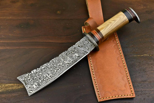12.5" Foldable Damascus Bowie Knife with Olive Wood Handle Tactical Series