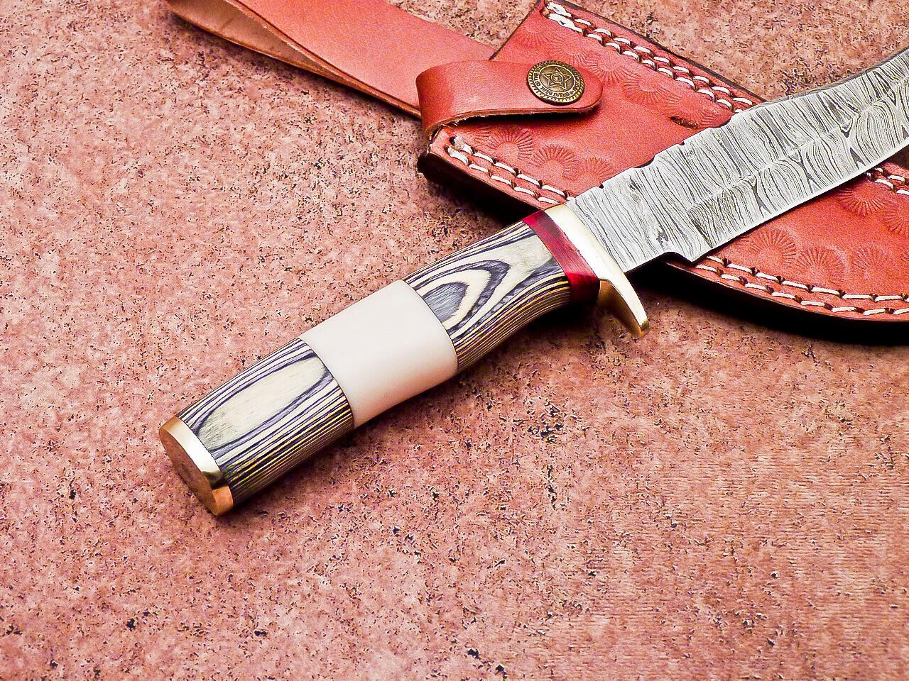 10 Inch Damascus Steel Bowie Hunting Knife with Camel Bone and Hardwood Handle