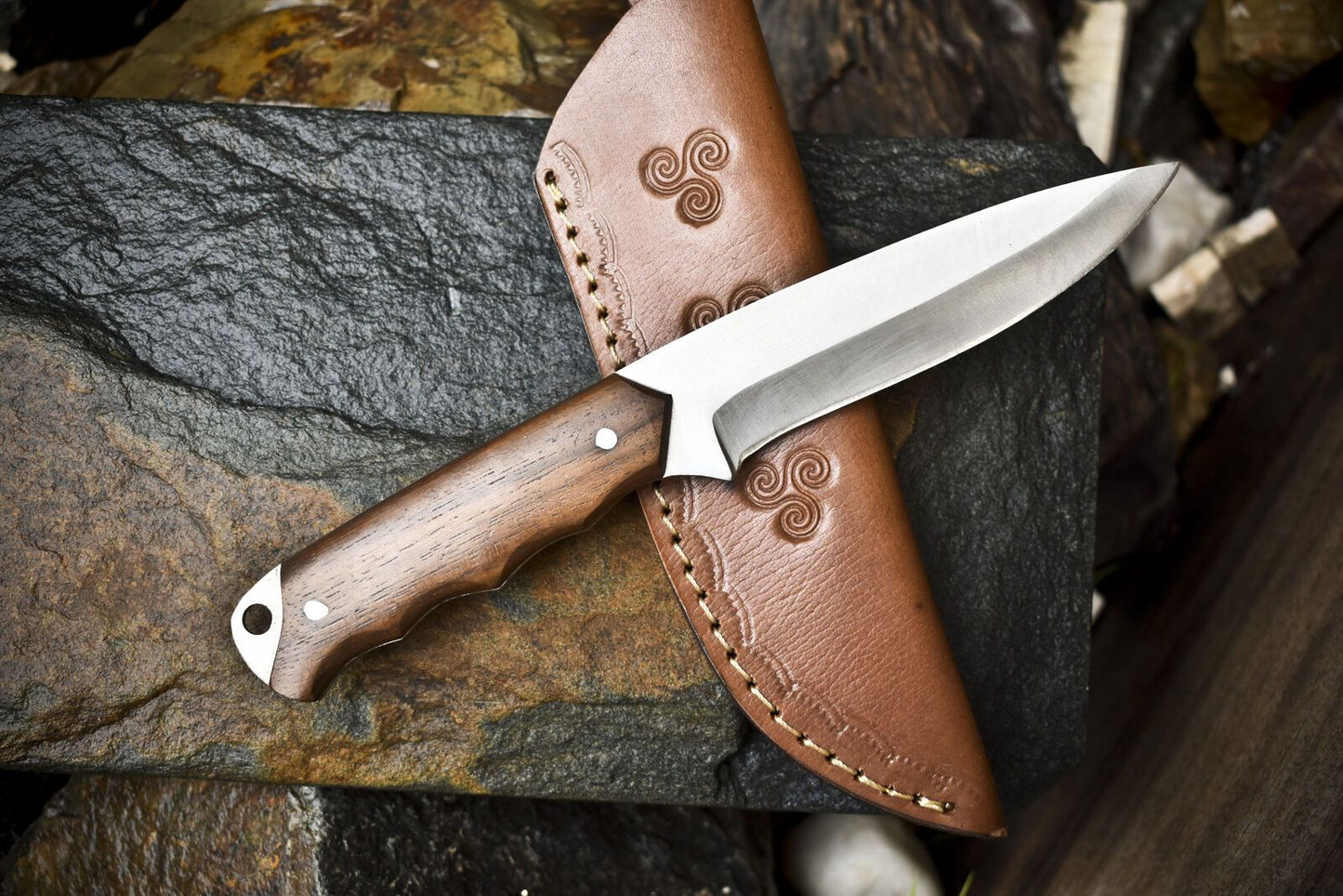 8.5" Skinner Knife | AUS-8 Steel Blade | Walnut Wood Handle | Leather Sheath | Bushcraft & Hunting