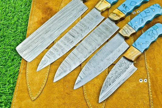5 PCS Custom Handmade Damascus Steel Chef Knife Set Wood Handle w/ Sheath
