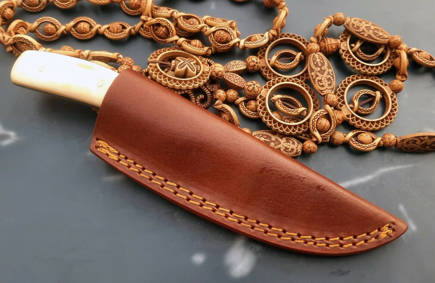 Custom Handmade Damascus Steel Bushcraft Skinner Knife with Camel Bone Handle and Leather Sheath