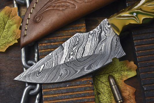 Twist Damascus Skinner Knife with Micarta Handle – 8.5 Inch Hunting and Sports Blade with Leather Sheath