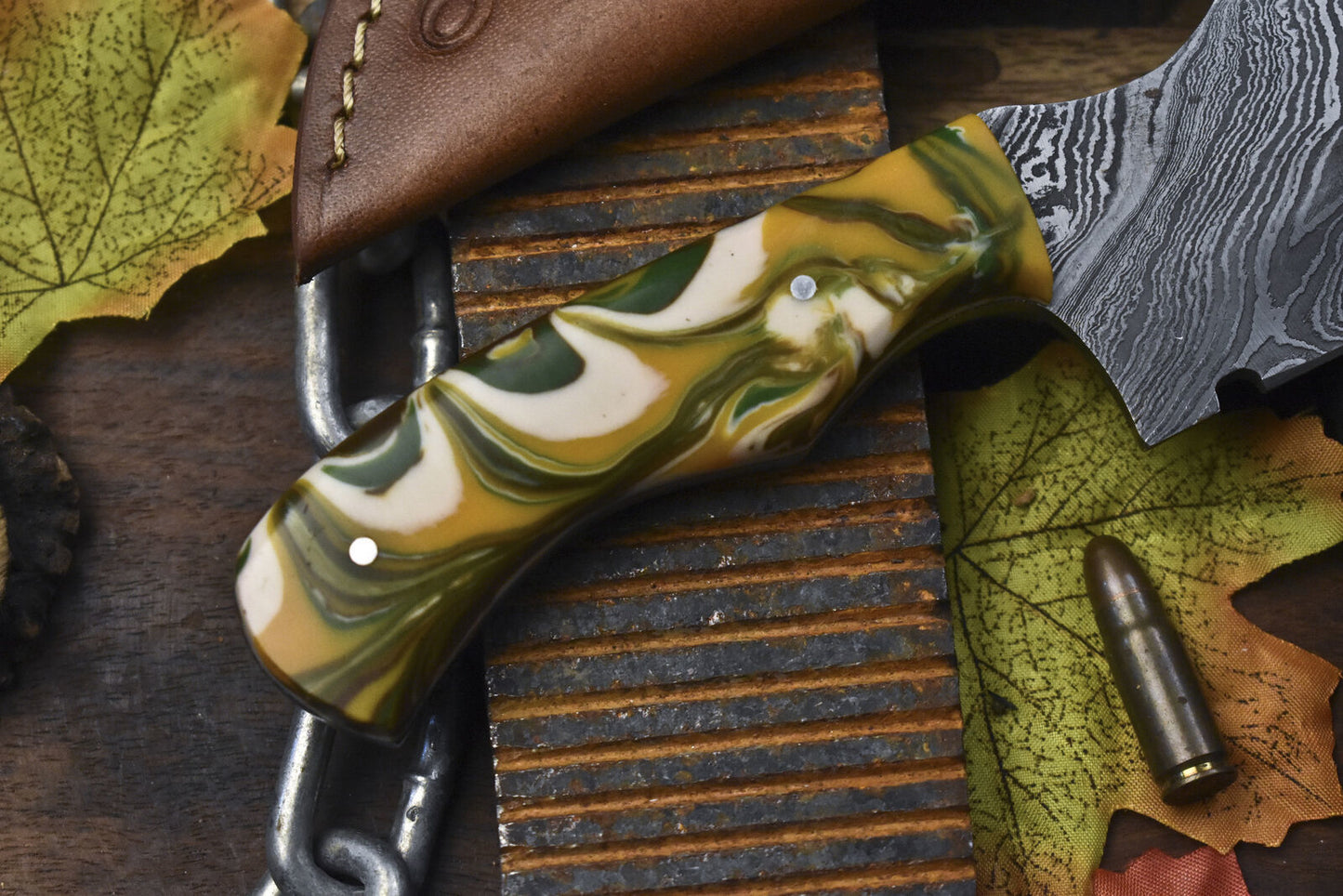 Twist Damascus Skinner Knife with Micarta Handle – 8.5 Inch Hunting and Sports Blade with Leather Sheath