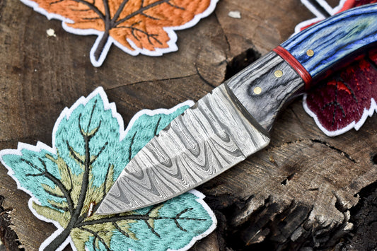 Handmade Ladder Damascus Skinner Knife 6 Inch with Hard Wood Handle and Wooden Bolster W/ Leather Sheath