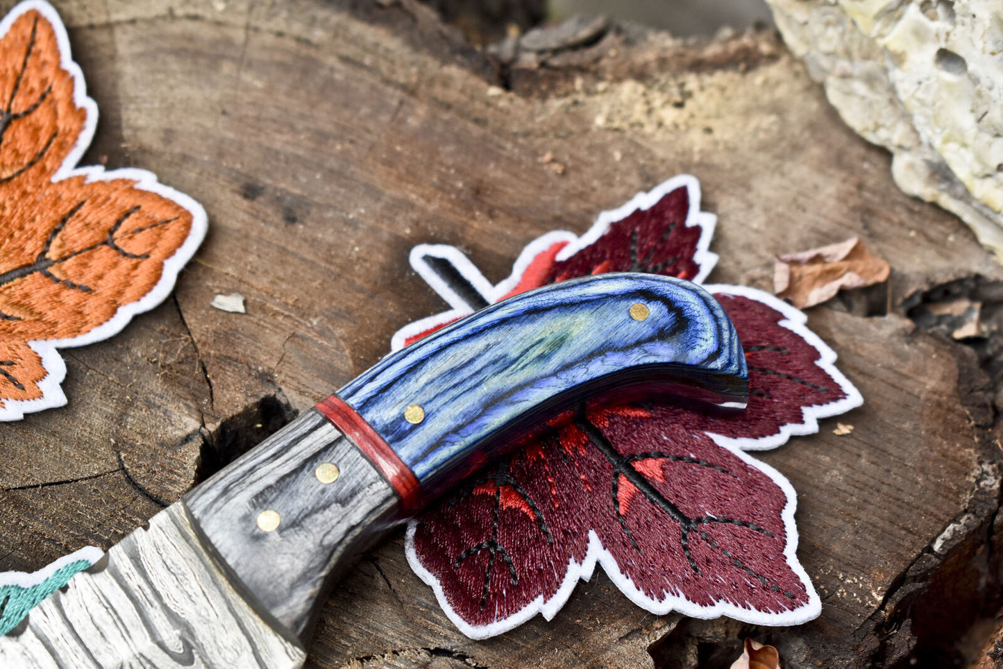 Handmade Ladder Damascus Skinner Knife 6 Inch with Hard Wood Handle and Wooden Bolster W/ Leather Sheath