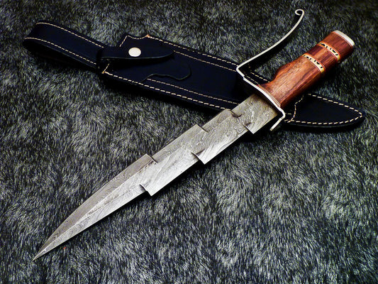 17" Handmade Damascus Kris Blade Bowie Knife – Natural Wood Handle & Leather Sheath