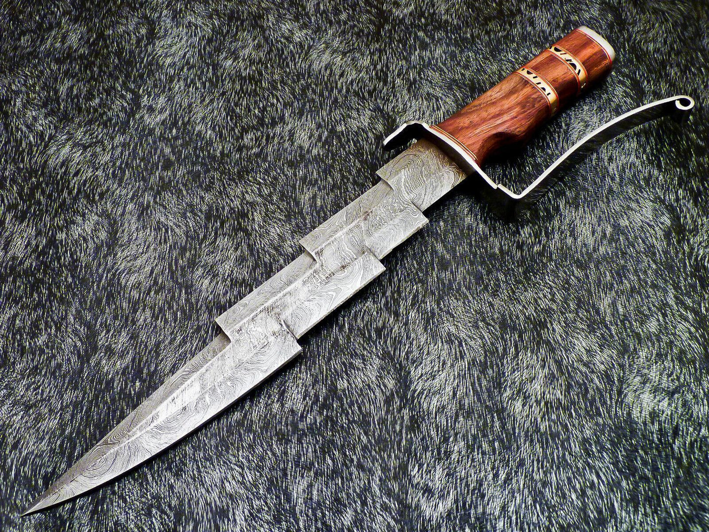 17" Handmade Damascus Kris Blade Bowie Knife – Natural Wood Handle & Leather Sheath