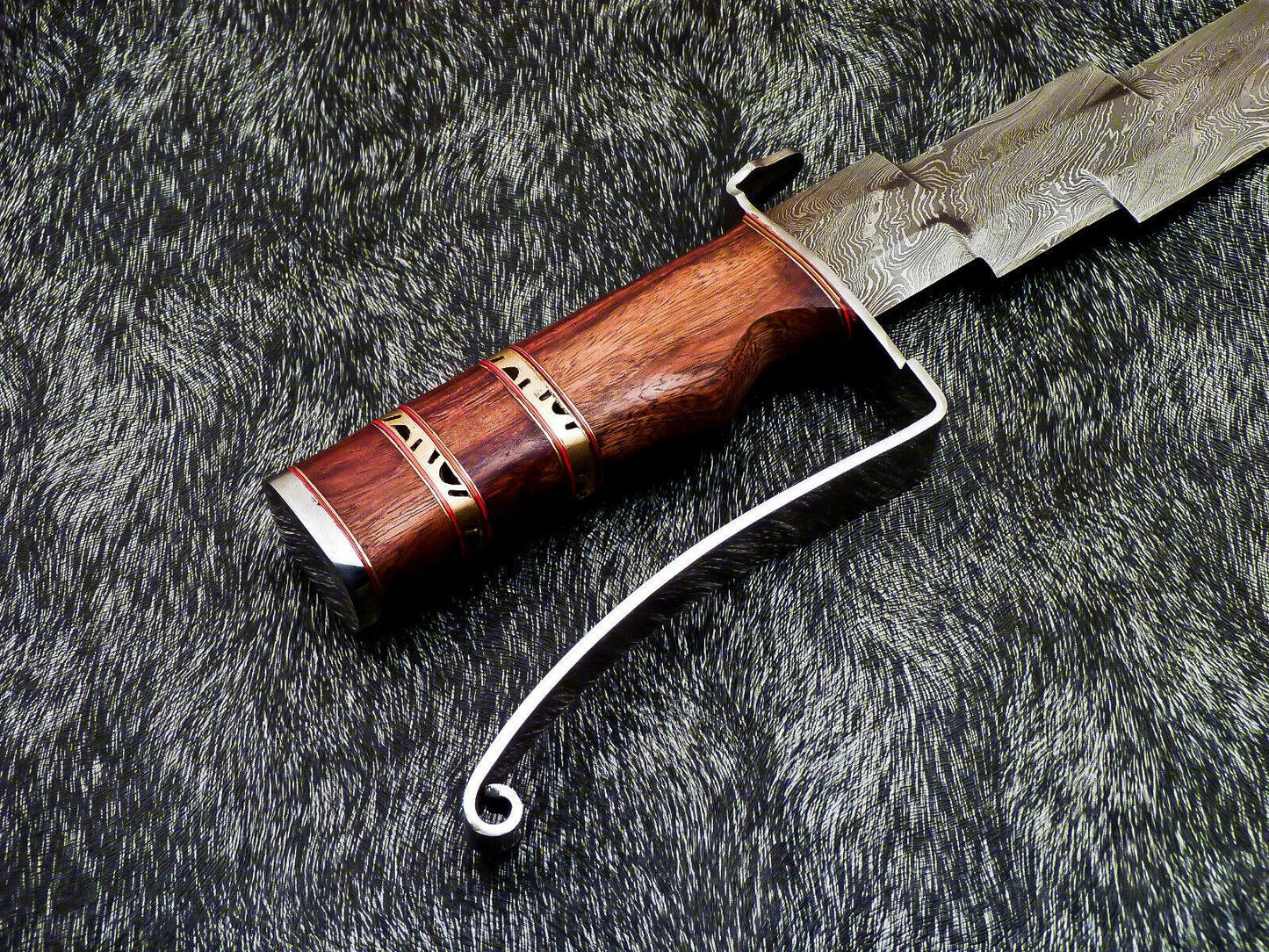 17" Handmade Damascus Kris Blade Bowie Knife – Natural Wood Handle & Leather Sheath