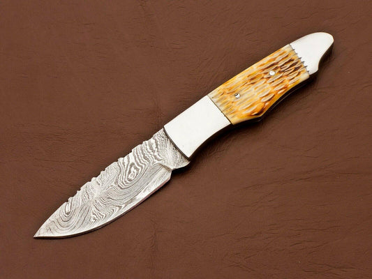 8.5" Heritage Forge's Damascus Bowie Knife | Camel Bone Handle