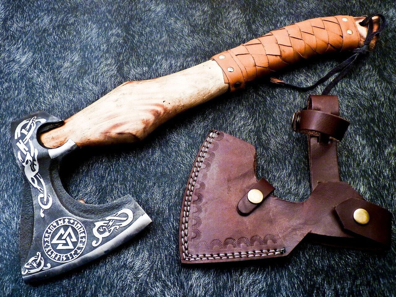 Hand Forged Bearded Viking Axe with Natural Wood Handle and Leather Sheath