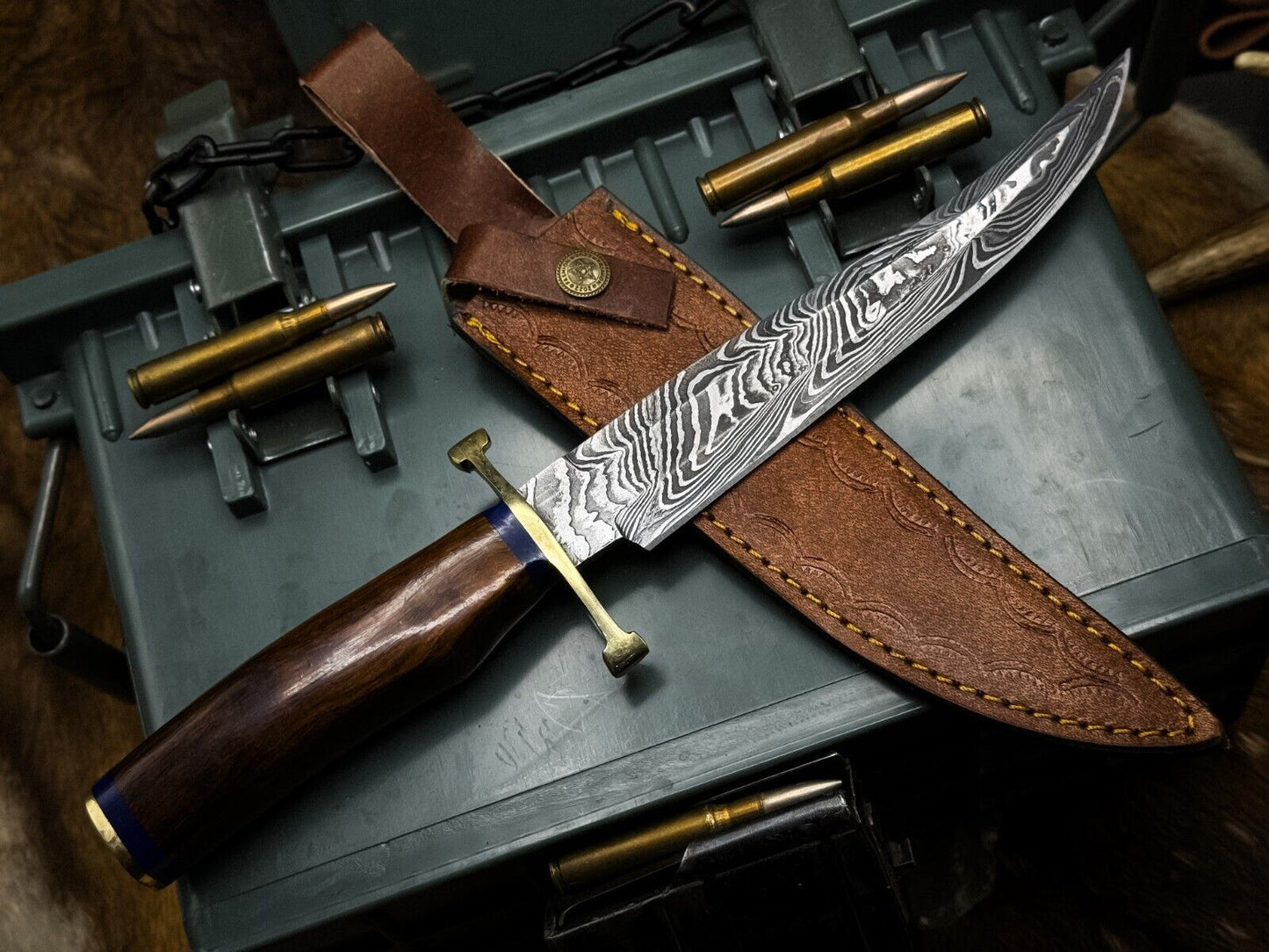 Handmade Damascus Steel Bowie Hunting Knife – Twist Hardwood Handle with Sheath | Heritage Forge