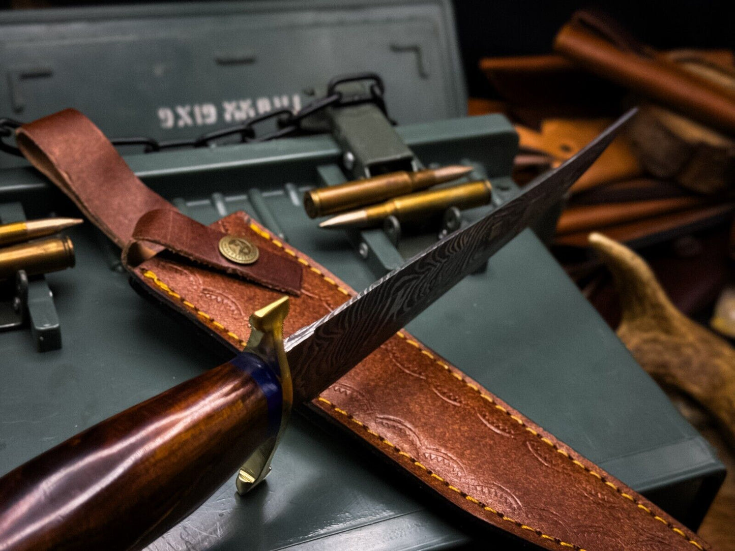Handmade Damascus Steel Bowie Hunting Knife – Twist Hardwood Handle with Sheath | Heritage Forge